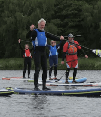 A group of people standing on paddle boards holding their paddles up