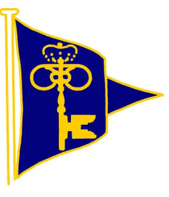 A triangular flag with a blue background and a gold coloured vertical antique key with a crown symbol on top