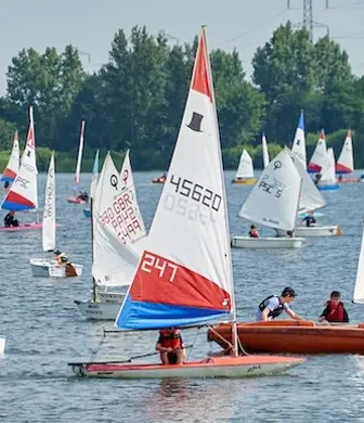 A variety of sailing dinghies and water crafts on the water with trees in the background