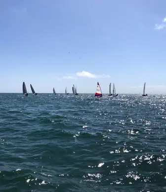 A large group of yachts sailing in the distance against a blue sky