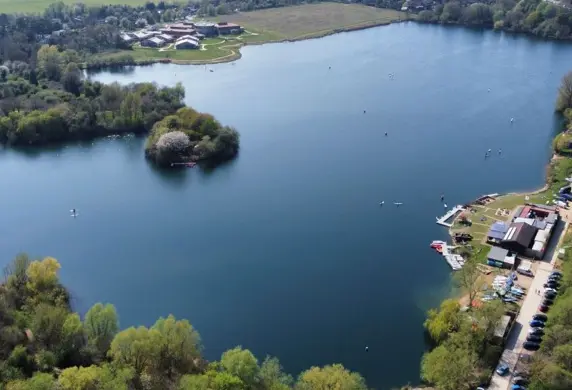 Overhead view of a Training Centre at a lake taken by a drone